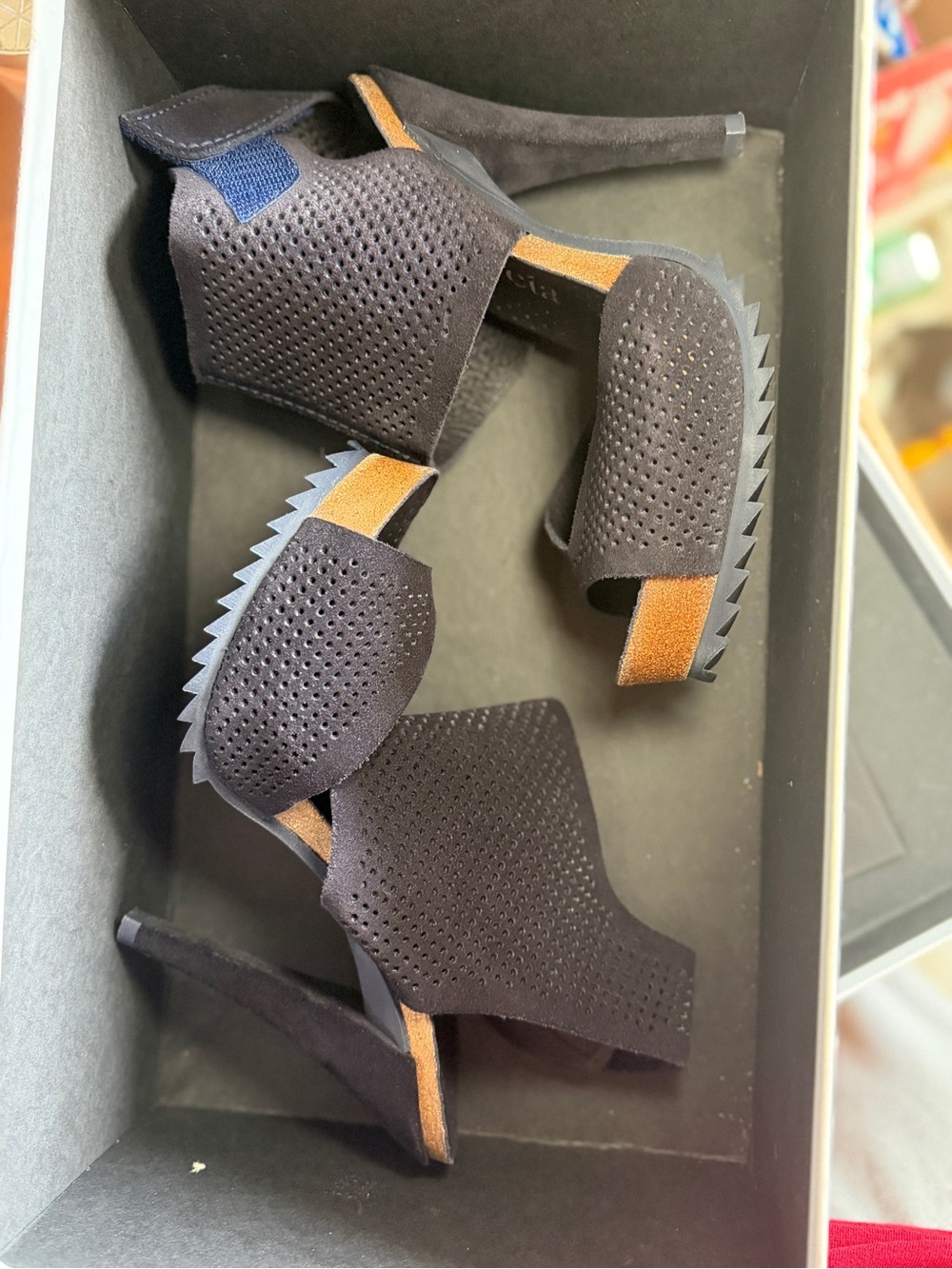 Pedro Garcia Black Perforated Suede High Heel Sandals with Tan Accents